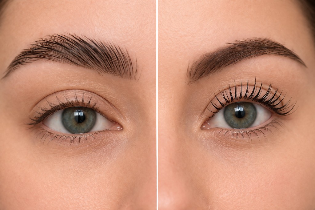 Előtte és utána: szemöldök laminálás és szempilla lifting — formázott szemöldök és felfelé ívelt saját pillák